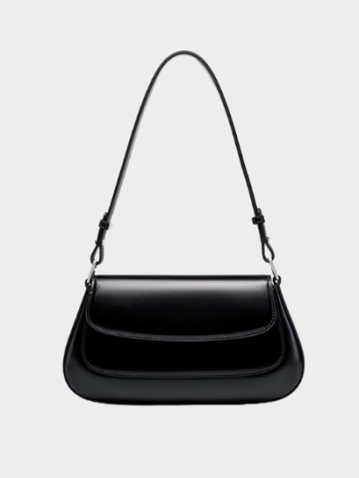 Sleek Black Leather Baguette Shoulder Bag - Leather Bag 011